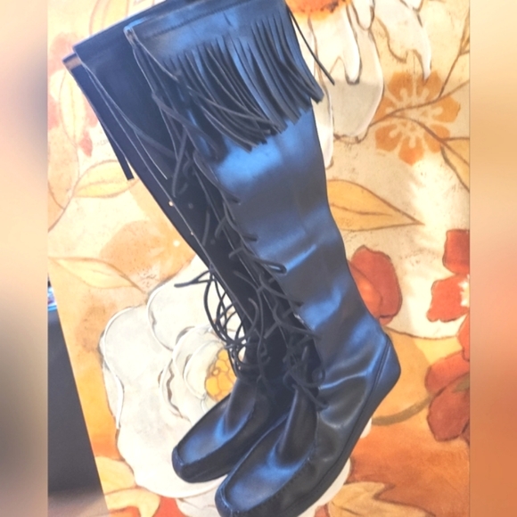 GUCCI Tom Ford RUNWAY '99 Black Lace Up Knee Fringe Leather Moccasin Boots 10m - Picture 10 of 16